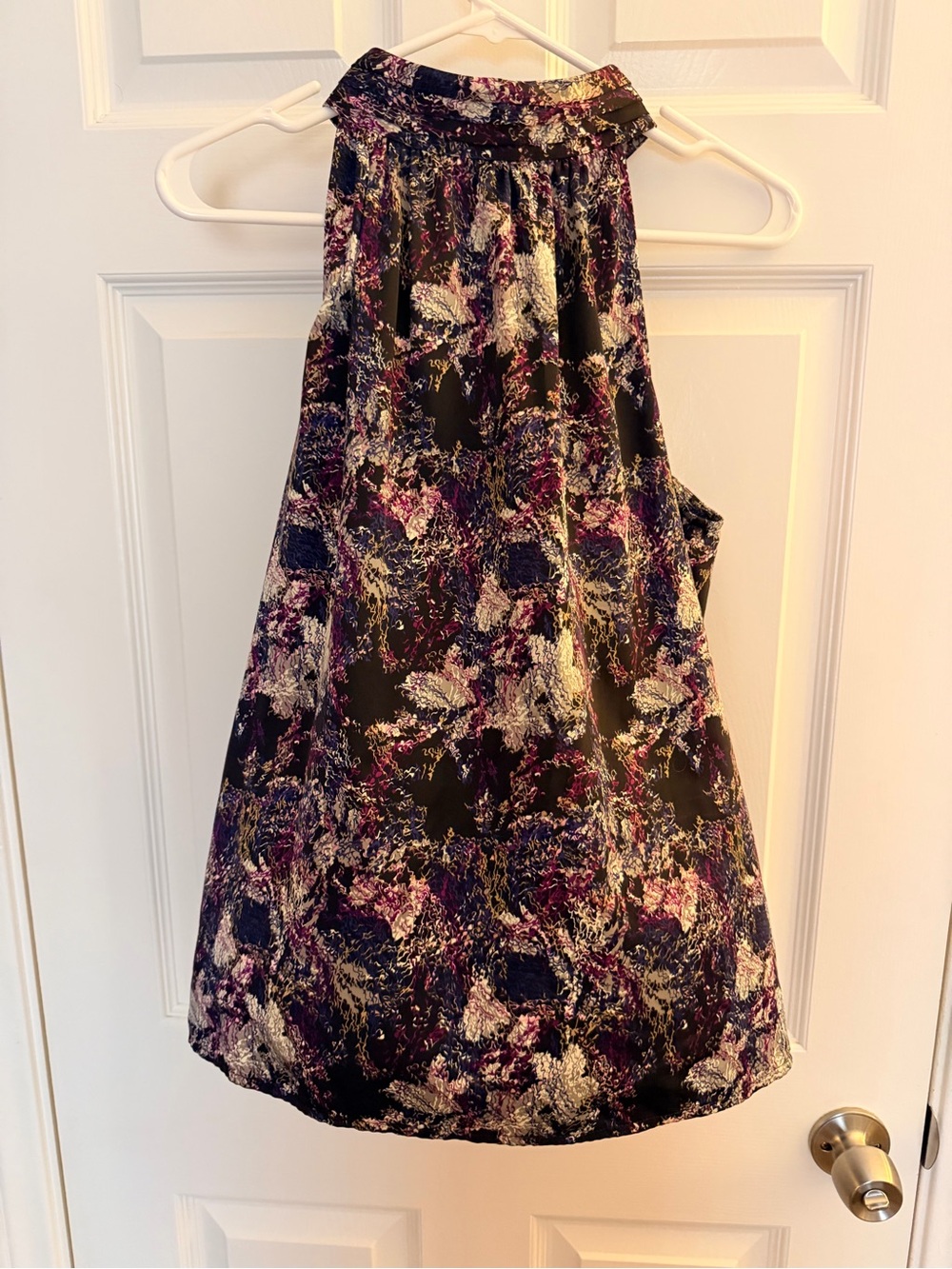 The Limited Black Sleevless Blouse with Purple & Cream Print, High Neck, Silky